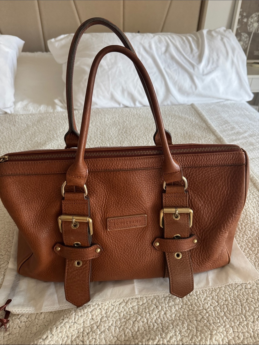 Longchamp Cognac Leather Shoulder Bag with Gold Hardware